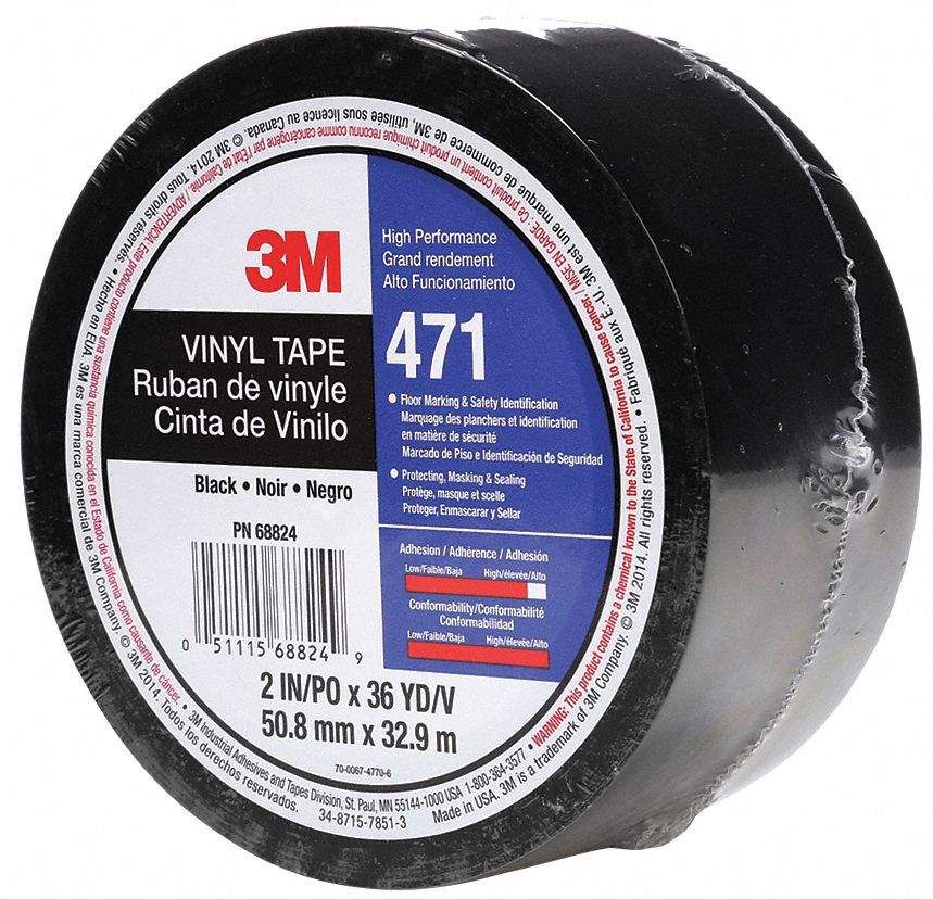 Floor Marking Tape: Gen Purpose, Solid, Black, 2 in x 108 ft, 5.2 mil Tape Thick, 3M™