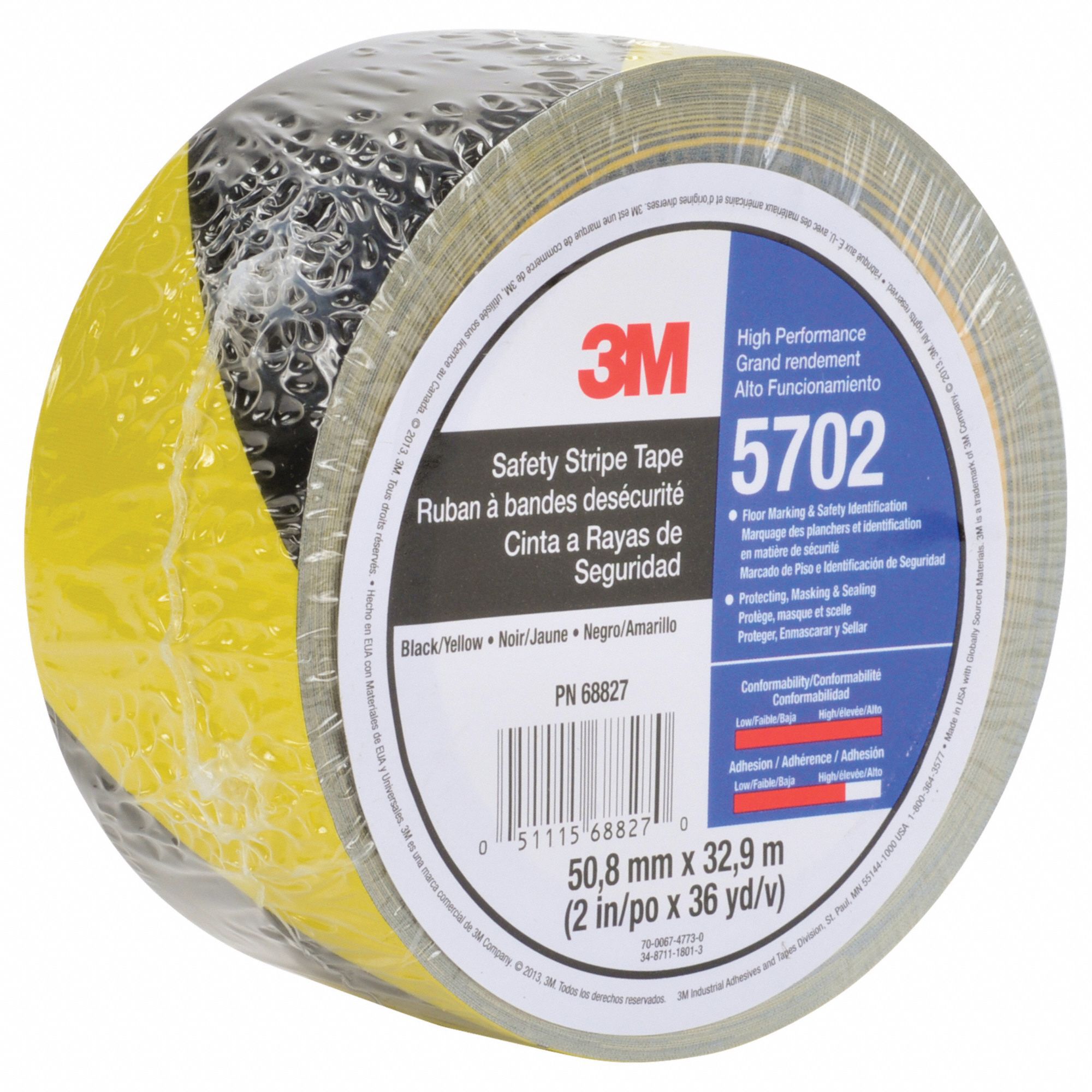 Floor Marking Tape: Gen Purpose, Striped, Black/Yellow, 2 in x 108 ft, 5.4 mil Tape Thick