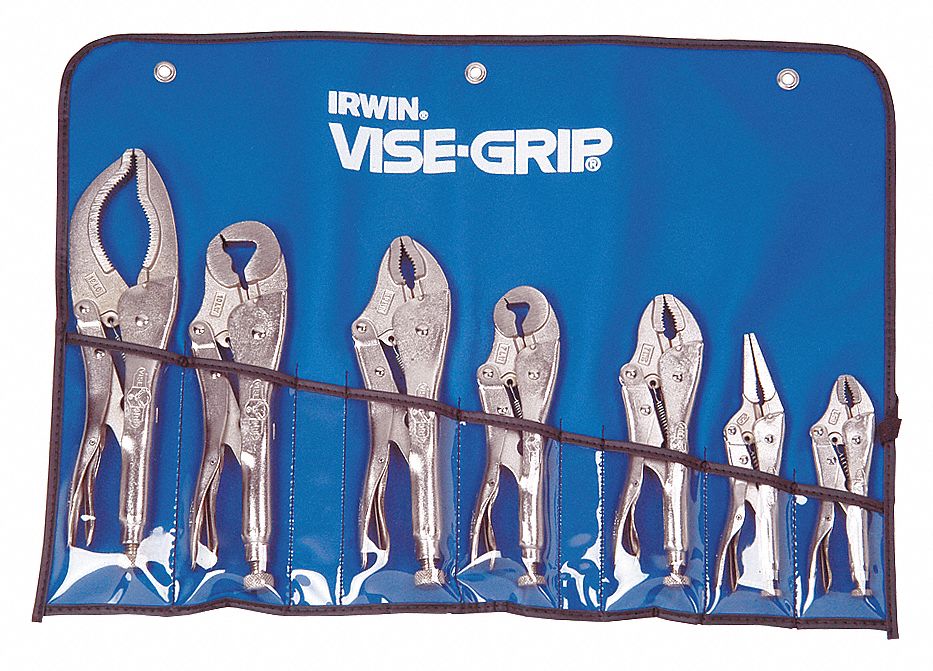 LOCKING PLIERS SET, CURVED, 7/16 IN/⅝ IN/1⅛ IN/1½ IN/1⅞ IN/2 IN/3⅛ IN MAX JAW OPENING