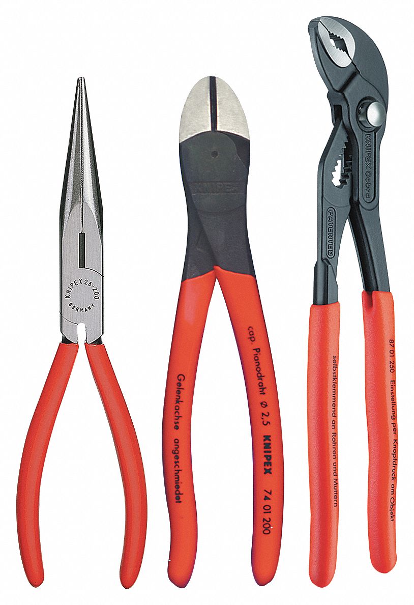 PLIER SET, 3 PLIERS, KNURLED GRIP, MANUAL, PLASTIC PACK