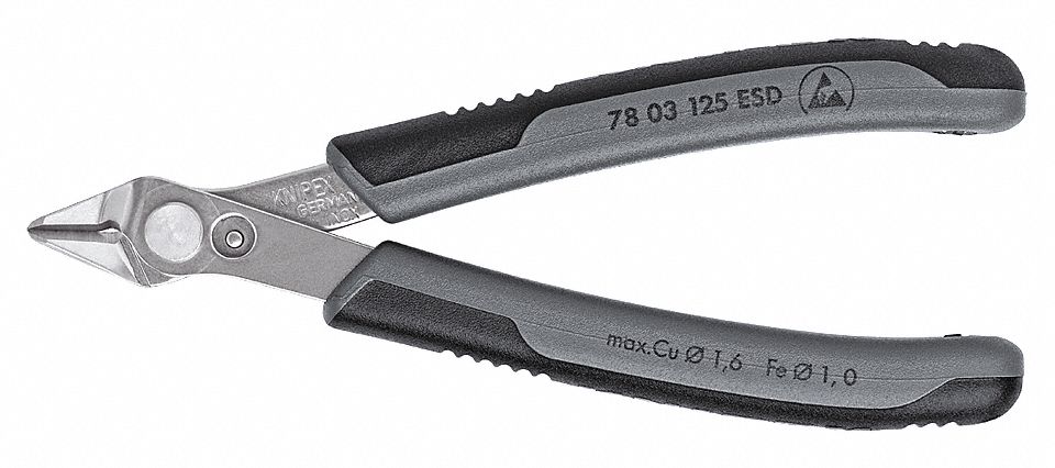 DIAGONAL CUTTING PLIER, ESD-SAFE, FLUSH, POINTED, 5 IN OVERALL L, ⅜ IN JAW L, ½ IN JAW W
