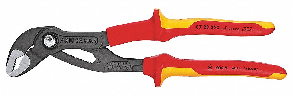 WATER PUMP PLIER, INSULATED, V, PUSH BUTTON, 2 IN MAX JAW OPENING, 10 IN OVERALL L, 1⅛ IN JAW W