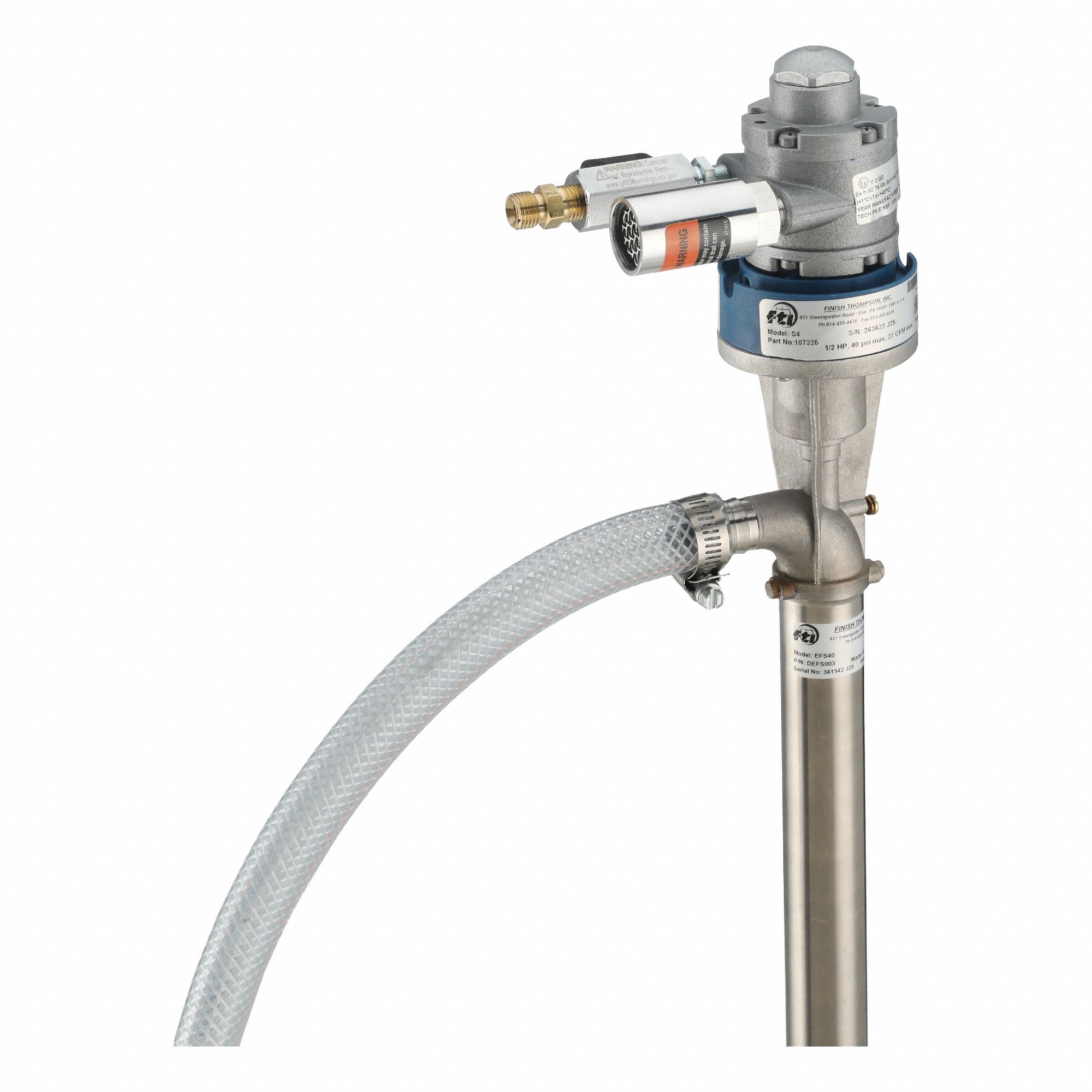 Air Drum Pump: Pump w/ Discharge Hose & Spout, 15 gpm Max. Flow Rate, SS