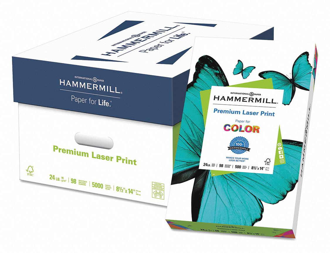 Laser Paper: Legal Paper Size Name, 24 lb Paper Wt, 98 Brightness, Matte, White, 500 PK