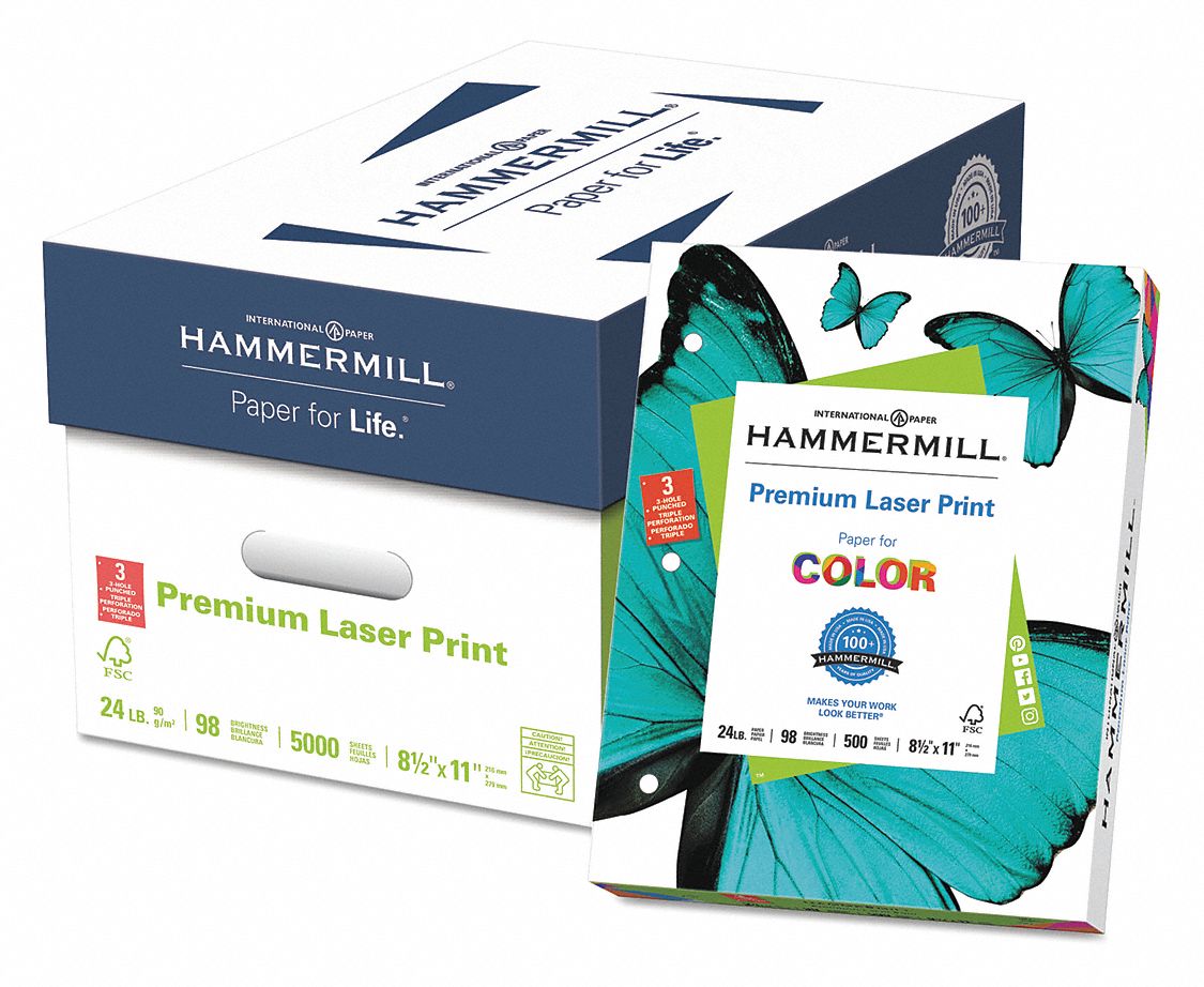 Laser Paper: Letter Paper Size Name, 24 lb Paper Wt, 98 Brightness, Matte, White, 500 PK