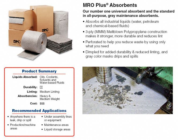 BRADY SPC ABSORBENTS Sorbent Pad, Fluids Absorbed Universal, Size 15 in