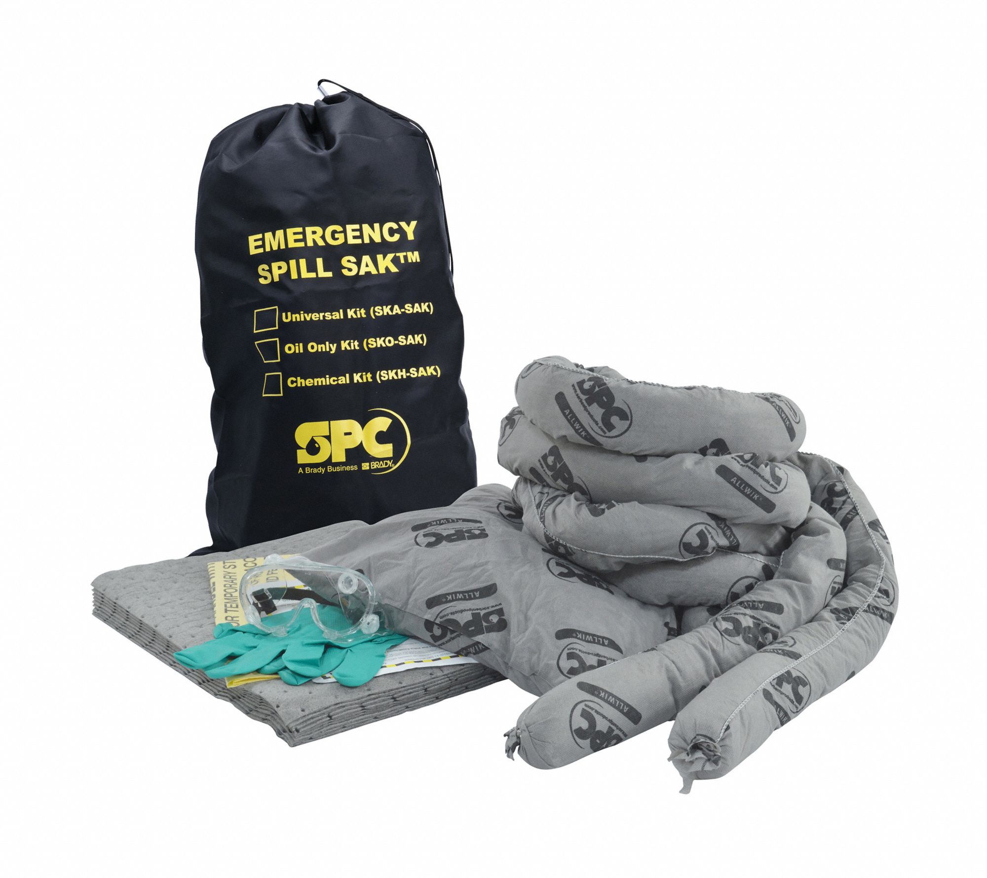 SPILL KIT, 9 GALLON ABSORBED PER KIT, GOGGLES/NITRILE GLOVES, DISPOSAL BAG