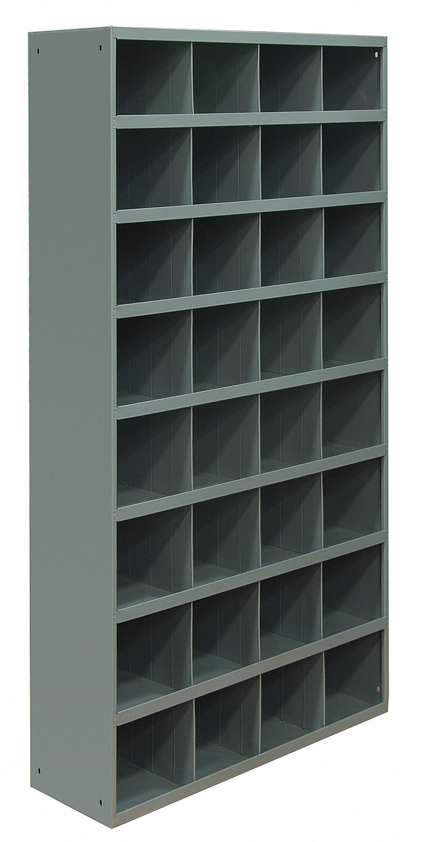 PIGEONHOLE BIN UNIT, 34 IN X 12 IN X 66 IN, 32 COMPARTMENTS, GREY, STEEL, POWDER COATED