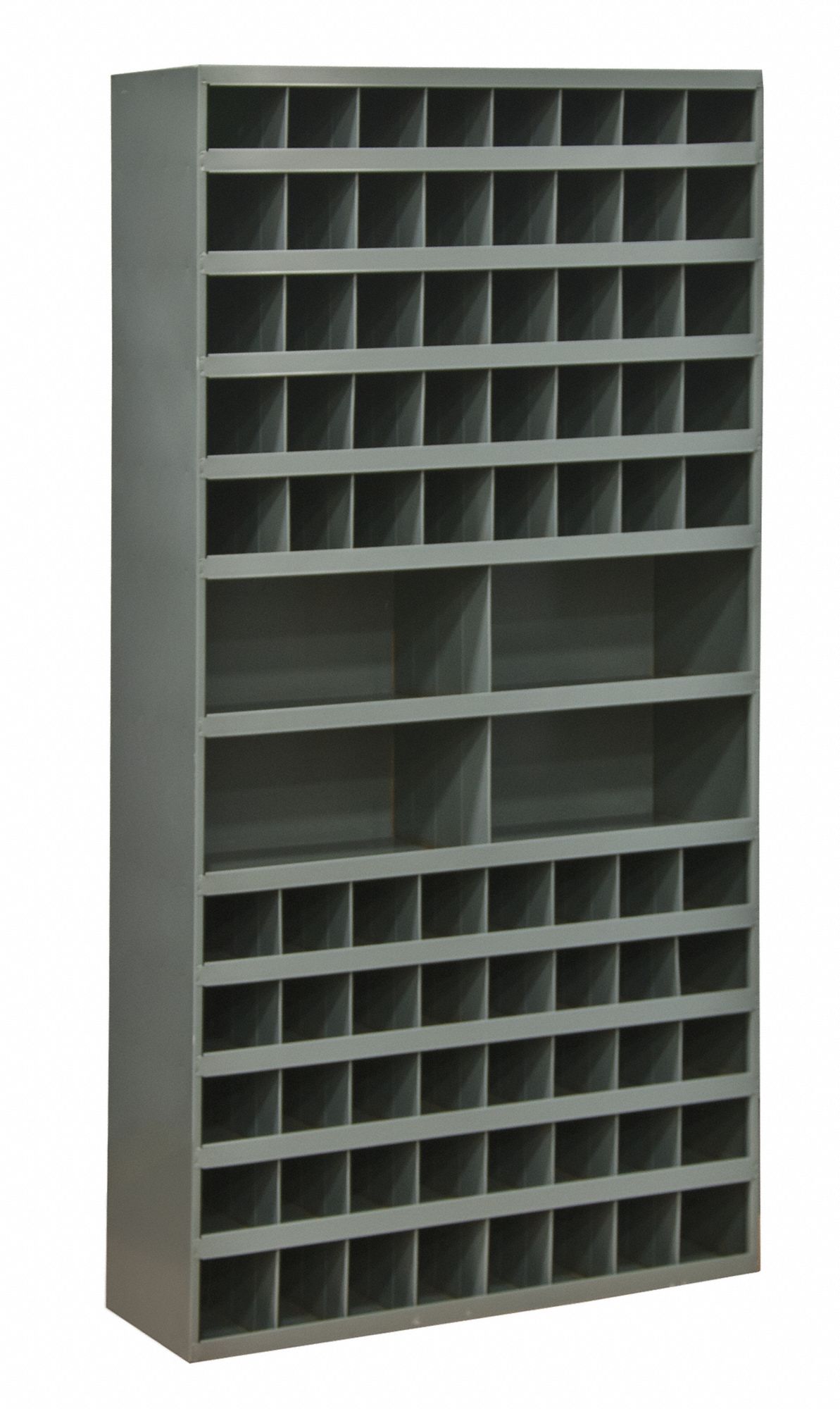 PIGEONHOLE BIN UNIT, 34 IN X 12 IN X 66 IN, 84 COMPARTMENTS, 12 IN, GREY, STEEL