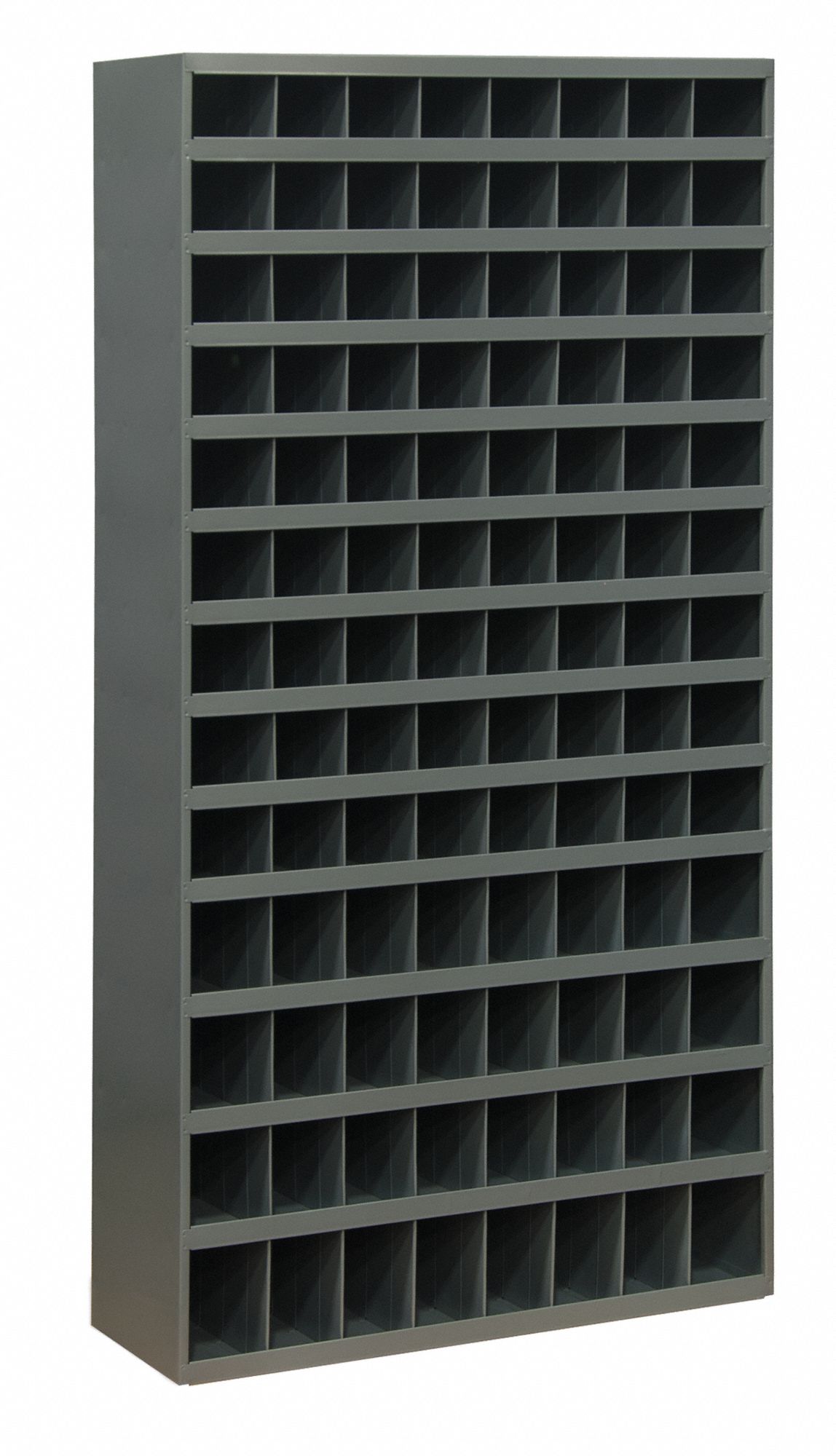 PIGEONHOLE BIN UNIT, 34 IN X 12 IN X 66 IN, 104 COMPARTMENTS, GREY, STEEL, POWDER COATED