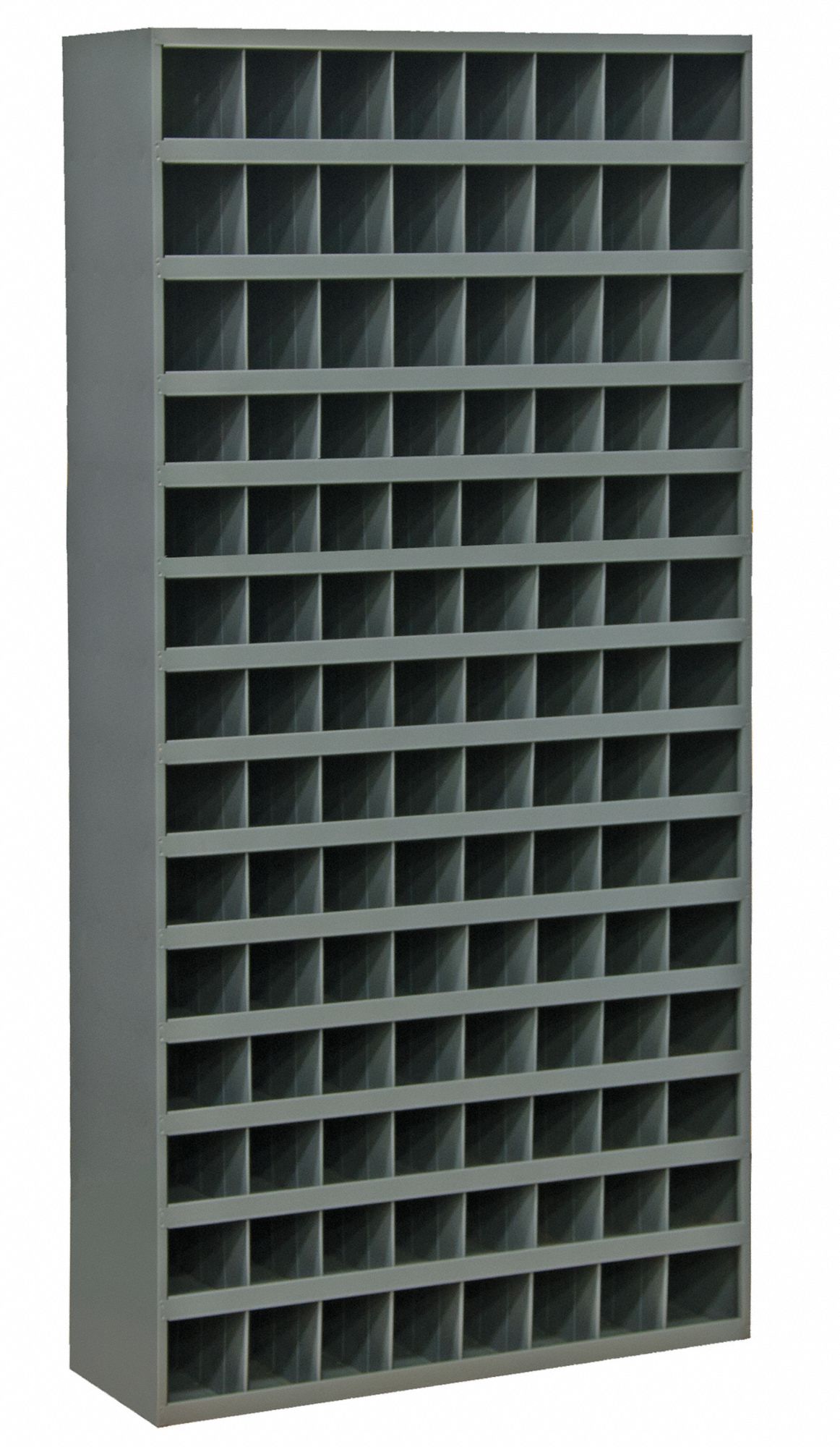 PIGEONHOLE BIN UNIT, 34 IN X 12 IN X 66 IN, 112 COMPARTMENTS, GREY, STEEL, POWDER COATED