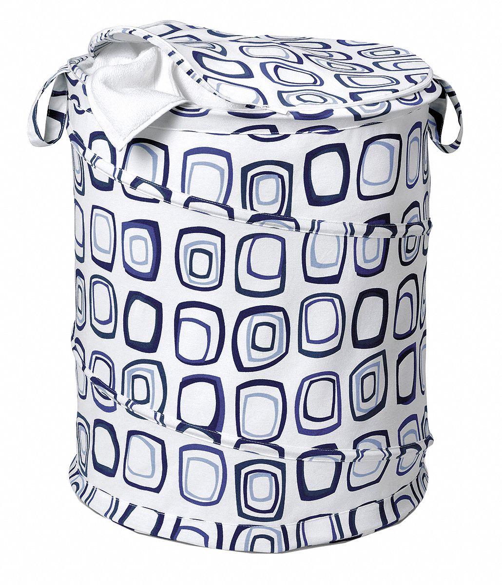 HONEYCANDO Pop Up Laundry Hamper, White with Blue Print, Steel/Mesh