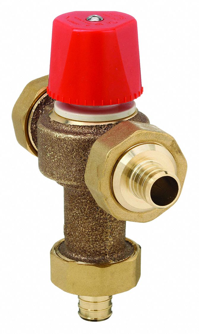 THERMOSTATIC MIXING VALVE: ½ IN INLET CONNECTION SIZE, ½ IN OUTLET CONNECTION SIZE, BRASS