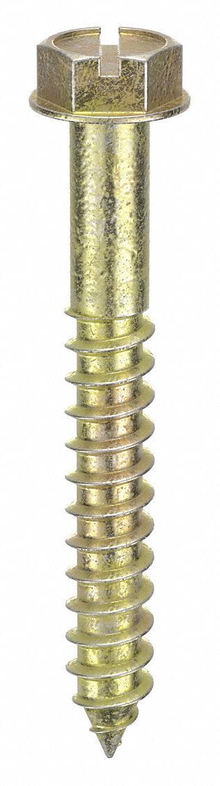 Concrete Anchor Screw: 2 in Overall Lg, 1/4 in Dia, Steel, Zinc Yellow, Hex, 100 PK