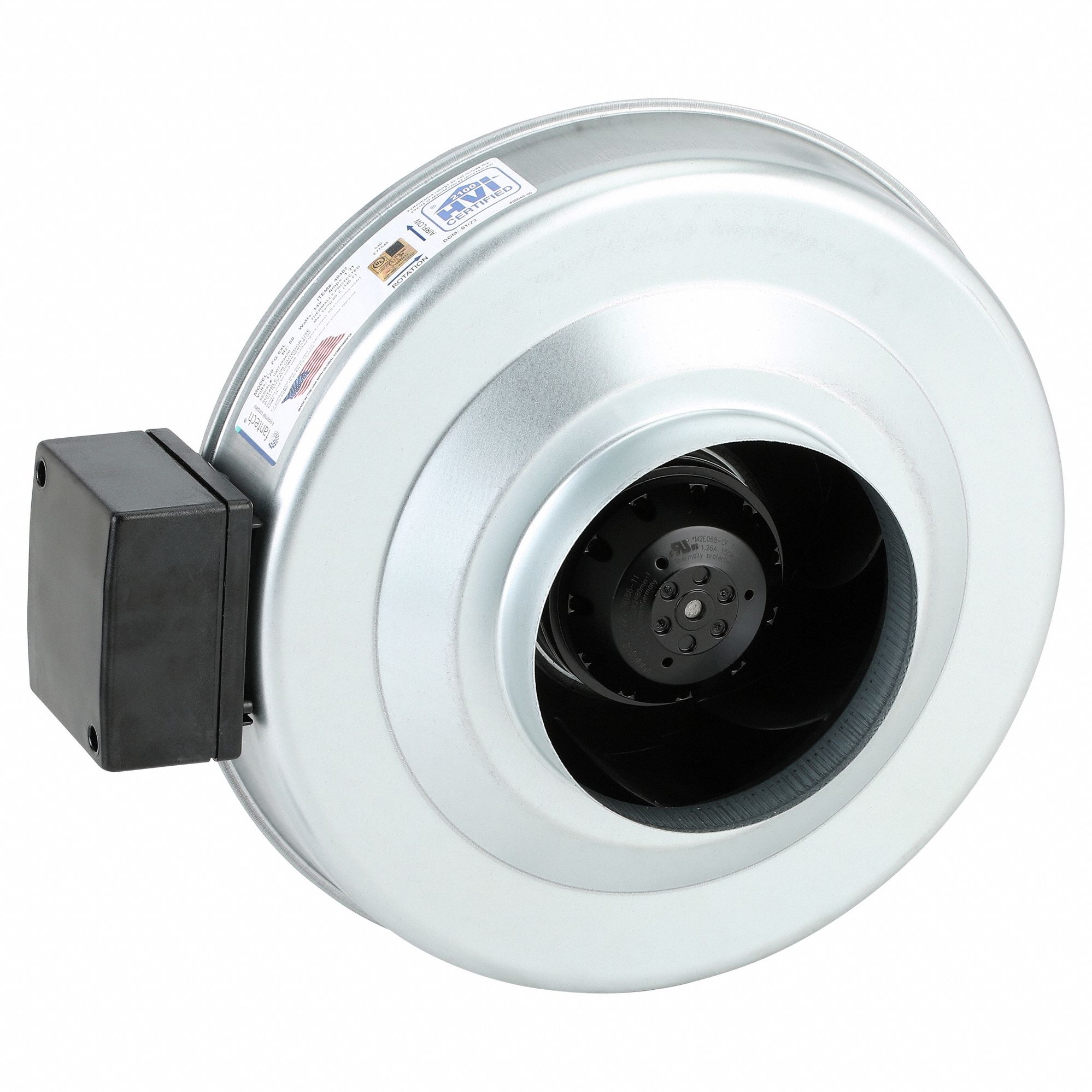 IN-LINE DUCT FAN, 483 CFM MAX, 6 IN DUCT, 150 W, 120V AC, 1 PH, IP44, GALVANIZED STEEL