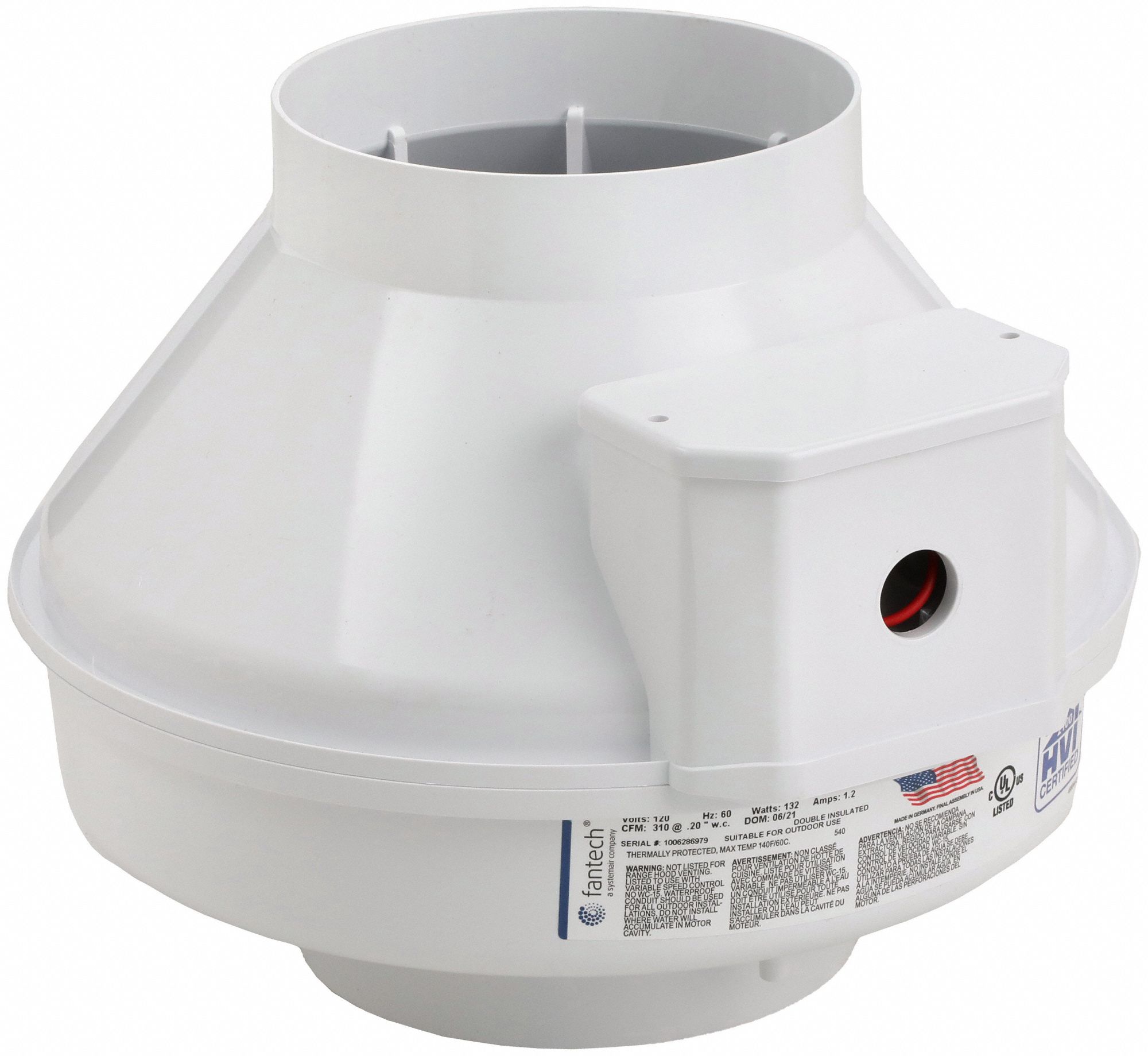 In-Line Duct Fan: 375 cfm Max., 6 in Duct, 141 W, 120V AC, 1 Ph, IP44, Plastic