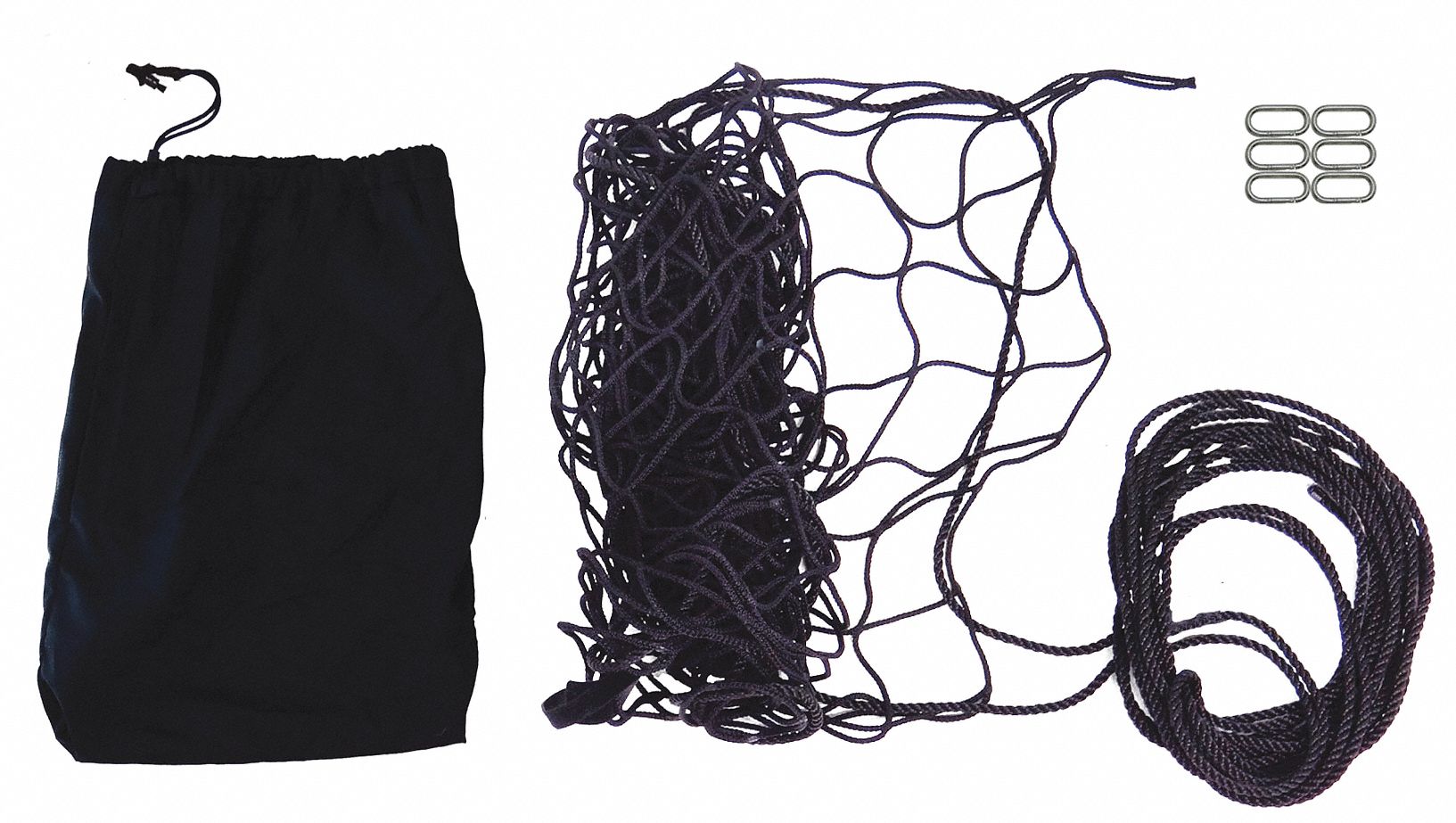 CARGO NET, BLACK, NYLON, 6 SNAP-HOOK CARABINER/CINCH ROPE/STORAGE BAG, 400 LB/IN TENSILE STRENGTH