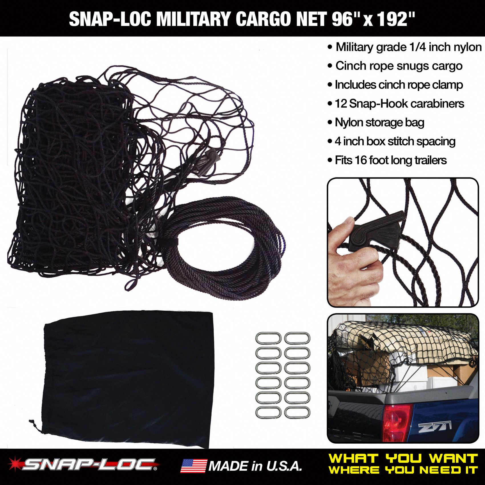 SNAP-LOC Cargo Net: Nylon, Snap Hook, 8 ft Cargo Net Wd, 16 ft Cargo ...