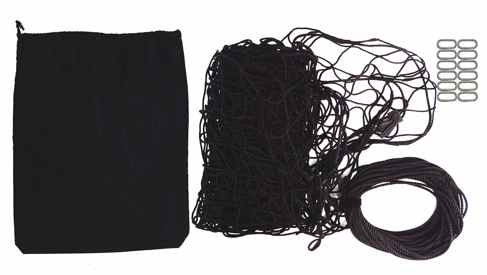 CARGO NET, BLACK, NYLON, 12 SNAP-HOOK CARABINER/CINCH ROPE/STORAGE BAG, 400 LB/IN TENSILE STRENGTH
