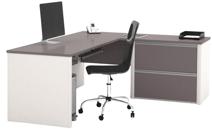 L-Shaped Office Desk: Sandstone/Slate, 71 1/8 in Overall Wd, 82 7/8 in Overall Dp