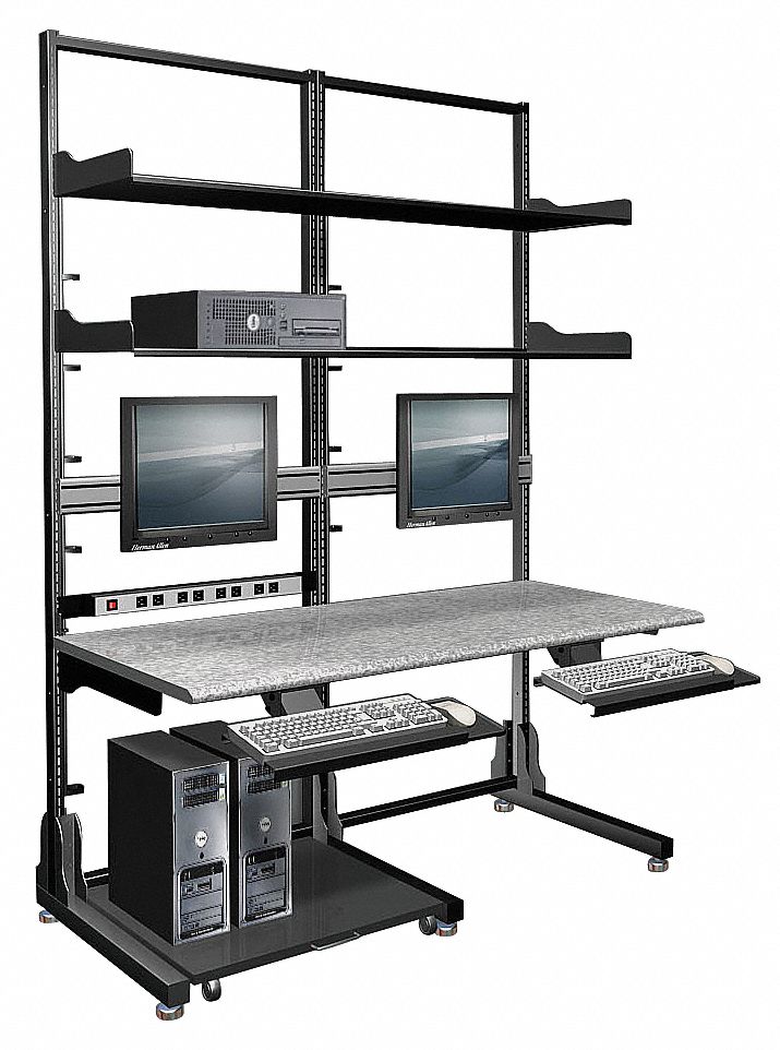 Double Frame Computer Workstation: Black/Gray, Laminate/Metal, 35 in Overall Dp, 3 Shelves