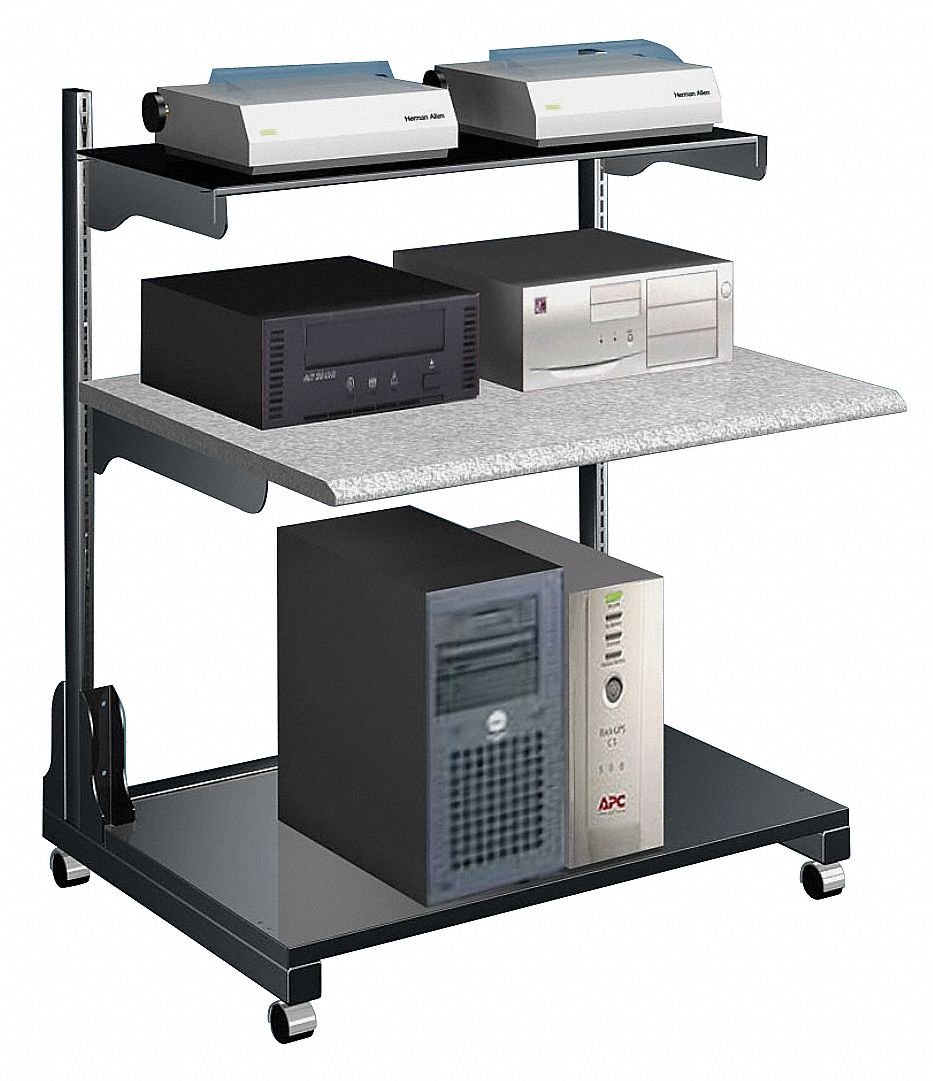 Low Profile Computer Cart: Black/Gray, Laminate/Metal/Rubber, 35 in Overall Dp, 2 Shelves