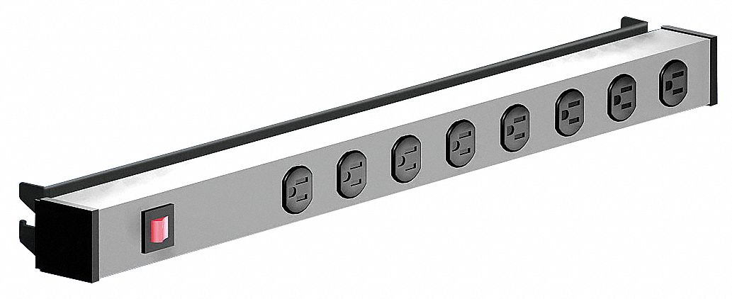Power Strip for 24" Wide Frame: 8-Port, 15A, 3 in Overall Wd, 2 1/8 in Overall Dp