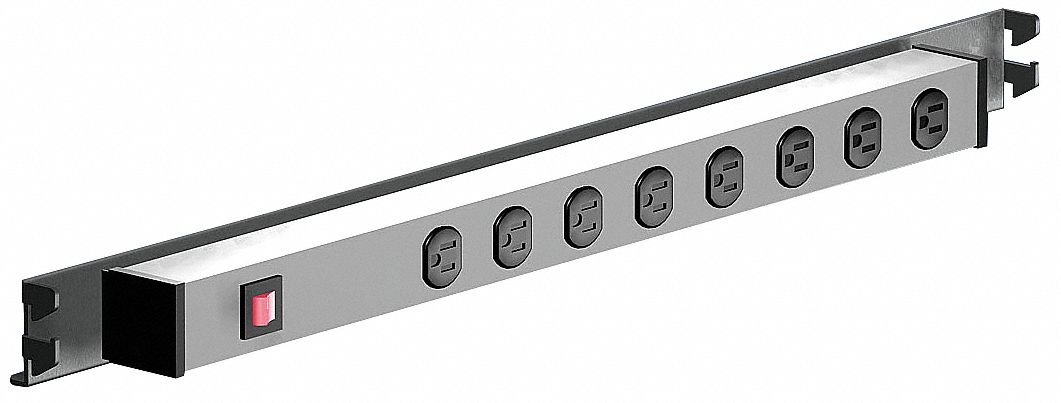 Power Strip for 30" Wide Frame: 8-Port, 15A, 3 in Overall Wd, 2 1/8 in Overall Dp
