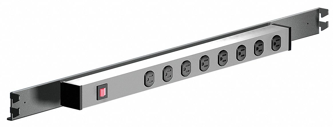 Power Strip for 36" Wide Frame: 8-Port, 15A, 3 in Overall Wd, 2 1/8 in Overall Dp