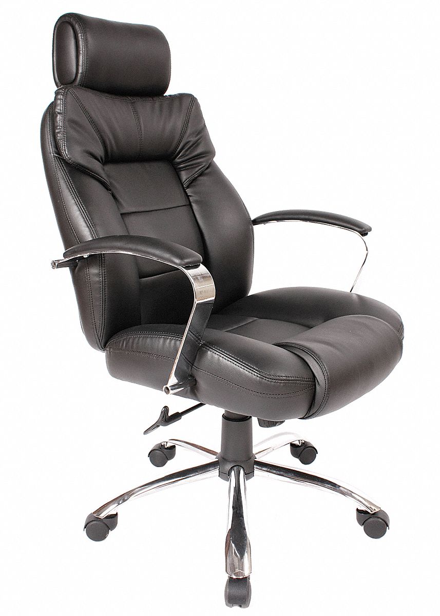 Big and Tall Executive Chair: Fixed Arm, Black, Leather, 350 lb Wt Capacity