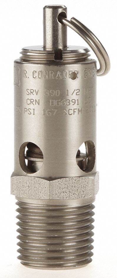 CONRADER Air Safety Valve: Soft Seat, 1/2 in (M)NPT Inlet (In.), 175 psi  Preset Setting (PSI), Viton