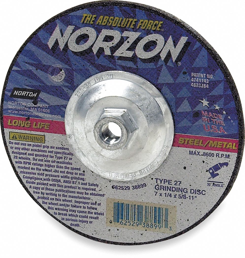 CUT-OFF & GRINDING WHEEL, TYPE 27, 4½ IN X 1/8 IN X ⅝
