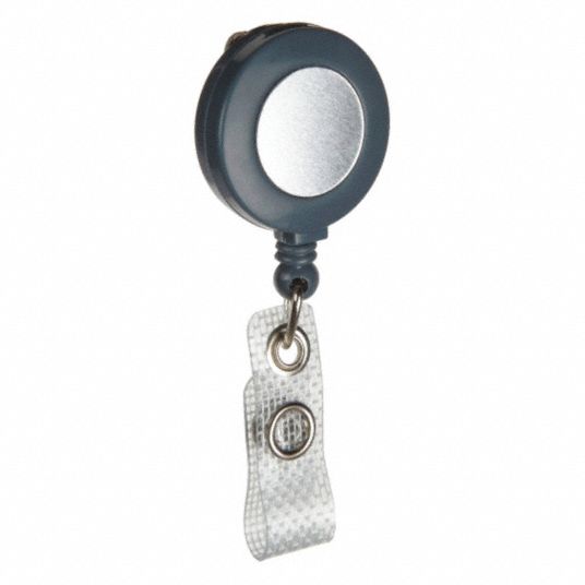 BRADY Retractable Badge Holder: Gray, Clip With Heavy Duty Nylon Cable ...