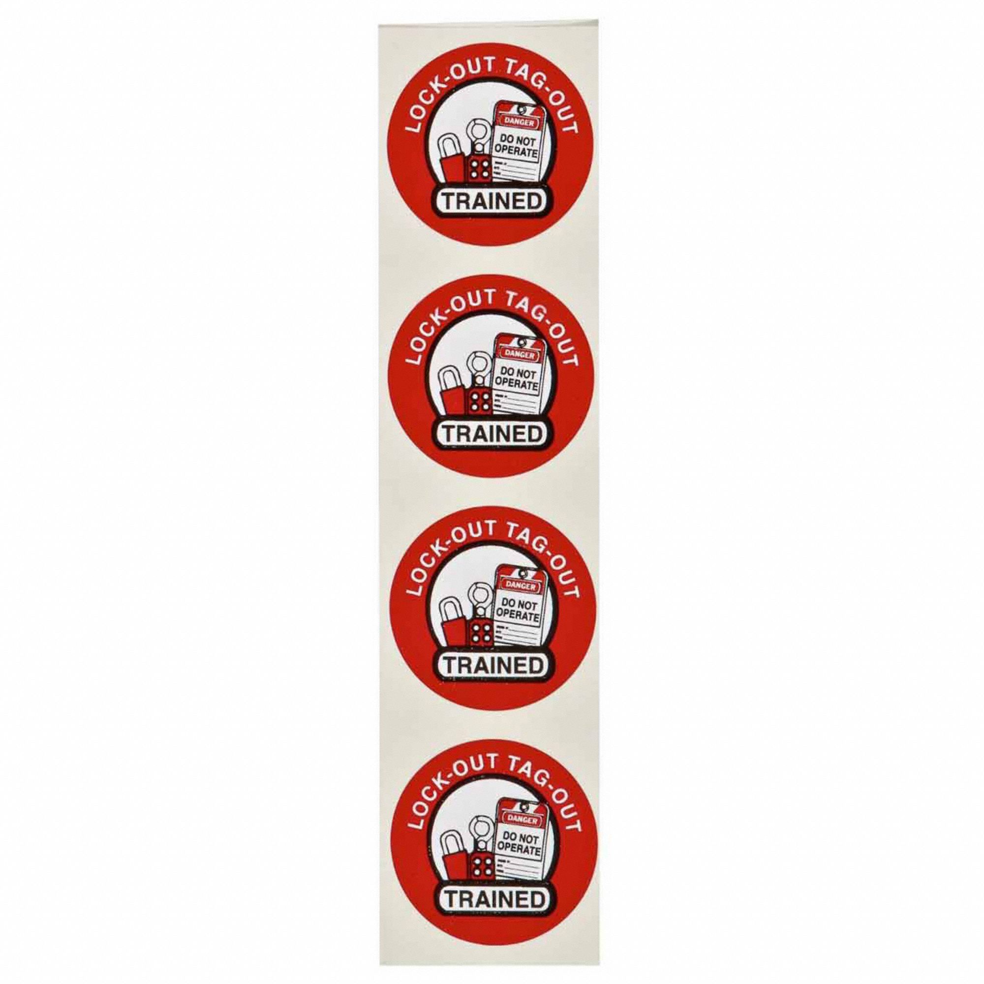 HARD HAT LABEL, LOCK-OUT TAG-OUT TRAINED, 2 IN DIA, ENGLISH, NON-REFLECTIVE, 4 LABELS, CIRCLE, BLACK/RED/WHITE, 4 PK