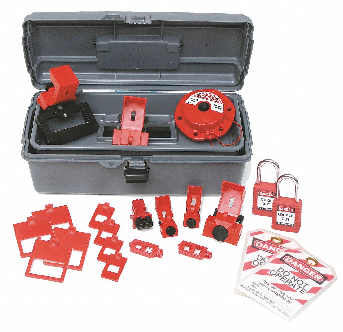 BRADY Portable Lockout Kit, Filled, Electrical Lockout, Tool Box, Gray