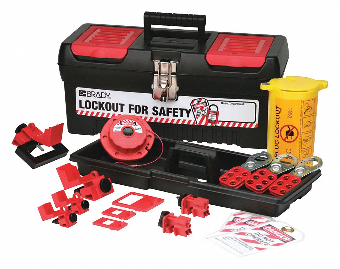 BRADY Portable Lockout Kit, Filled, Electrical Lockout, Tool Box, Black