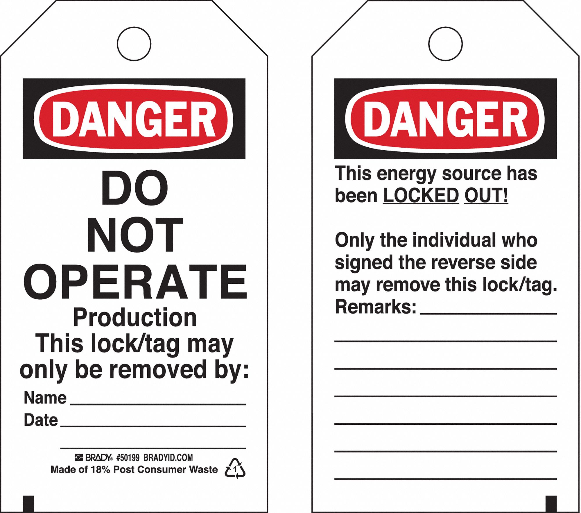 Danger Tag: Danger, Danger Do Not Operate, Paper, Date/Name/Remarks, Write-On Surface, English