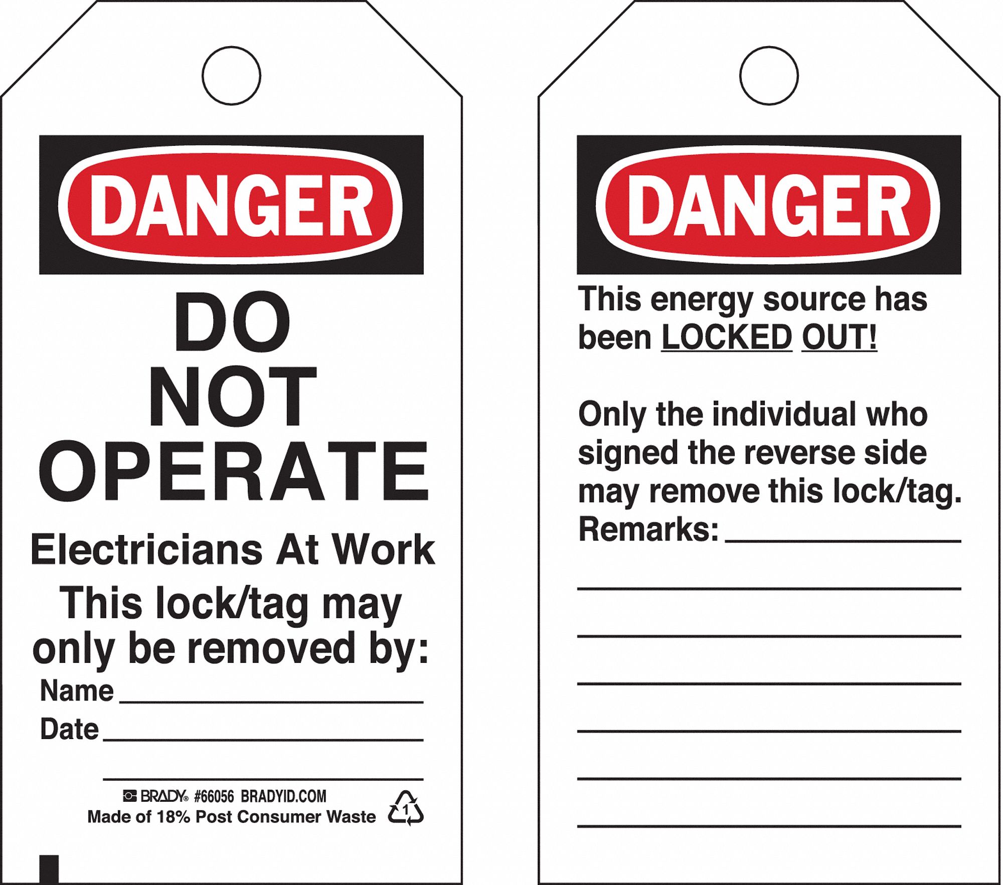 Danger Tag: Danger, Danger Do Not Operate, Polyester, Remarks, Write-On Surface, English, Tag