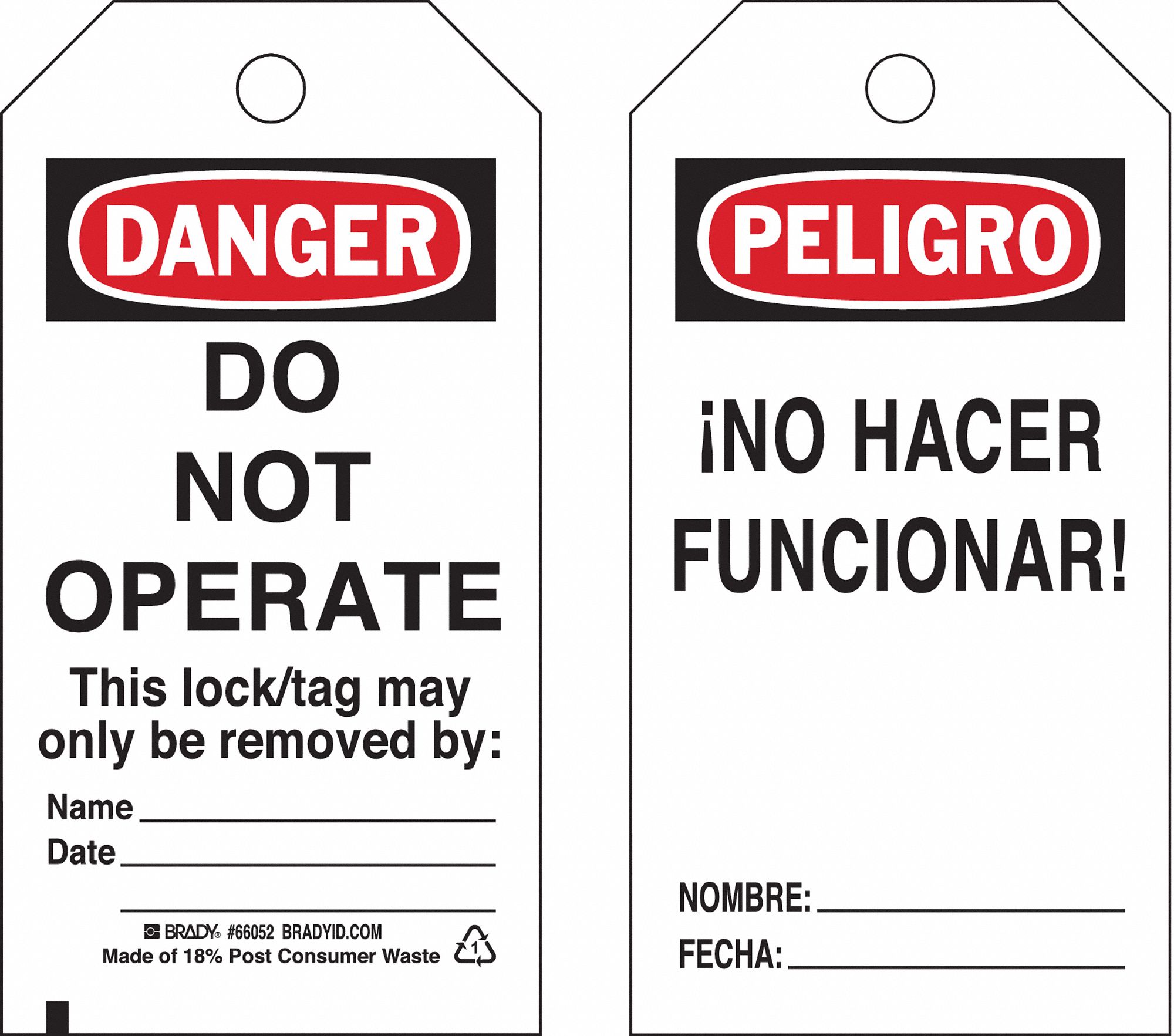 Danger Bilingual Tag: Danger, Danger Do Not Operate, Paper, Date/Fecha/Name/Nombre, Danger