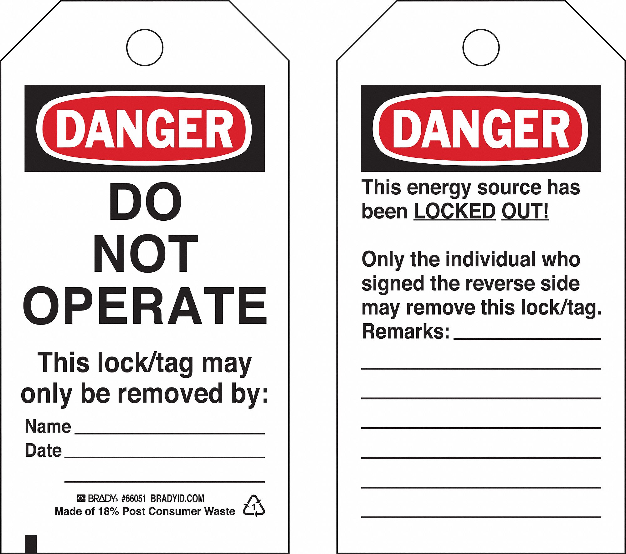 DANGER TAG, DANGER DO NOT OPERATE, POLYESTER, DATE/NAME/REMARKS, WRITE-ON SURFACE, 25 PK