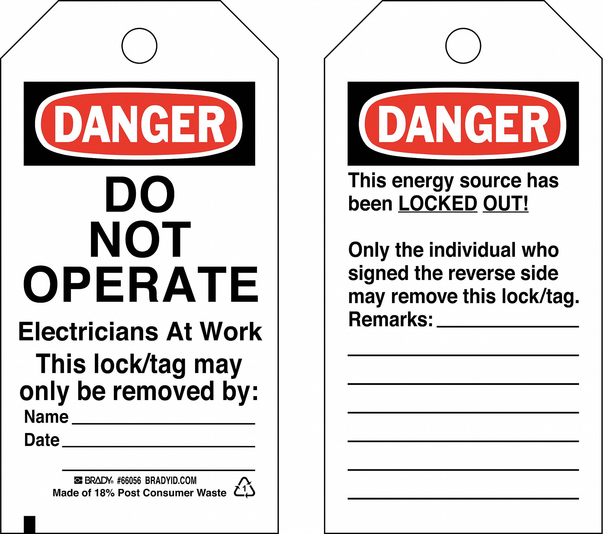 Danger Tag: Danger, Danger Do Not Operate, Paper, Remarks, Write-On Surface, English, Danger