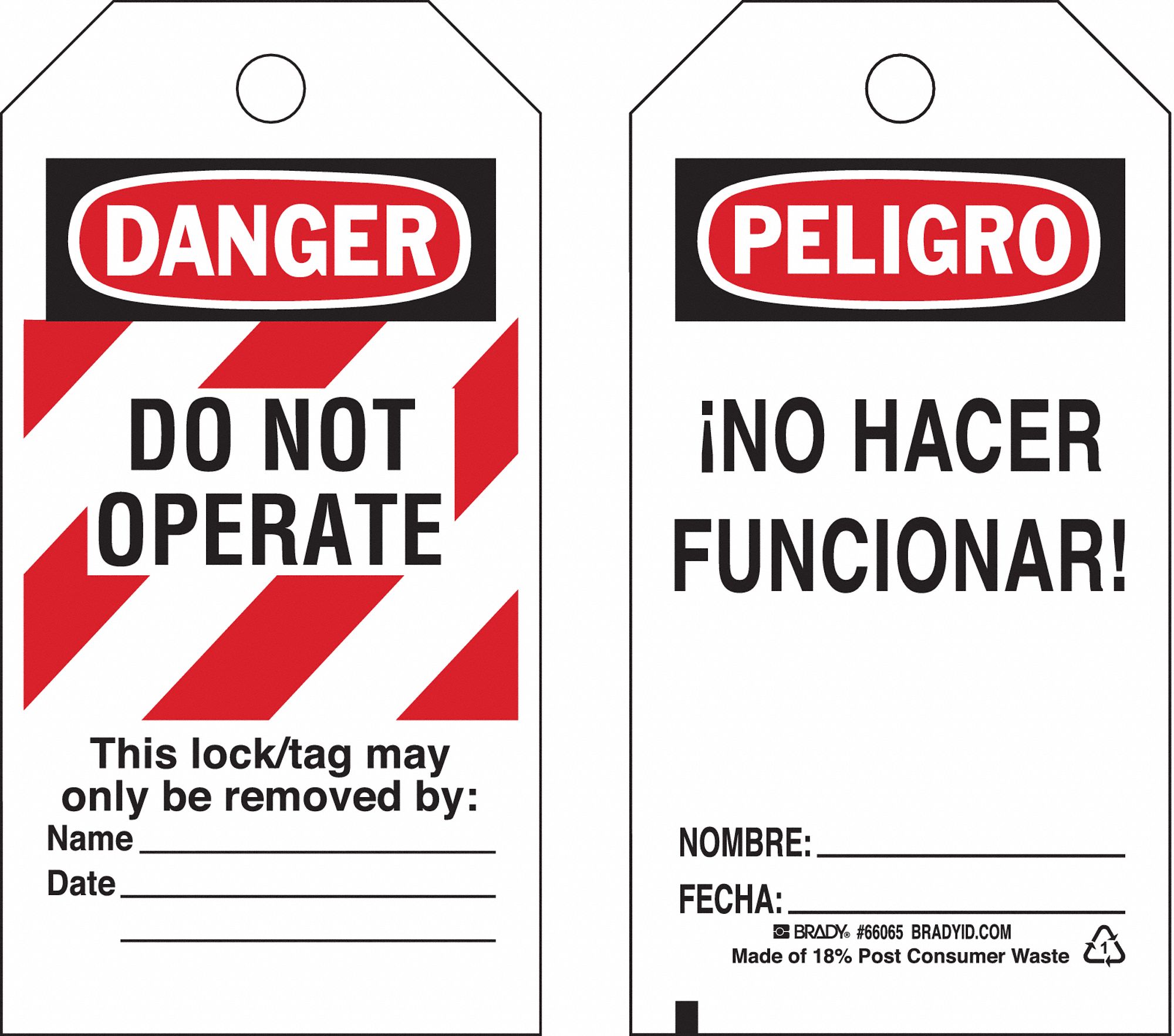 Danger Bilingual Tag: Danger, Danger Do Not Operate, Paper, Date/Fecha/Name/Nombre, Danger