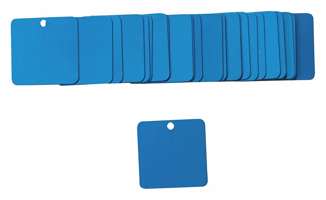 Blank Tags: Aluminum, Blue, Square, 1 1/2 in x 1 1/2 in, 25 PK
