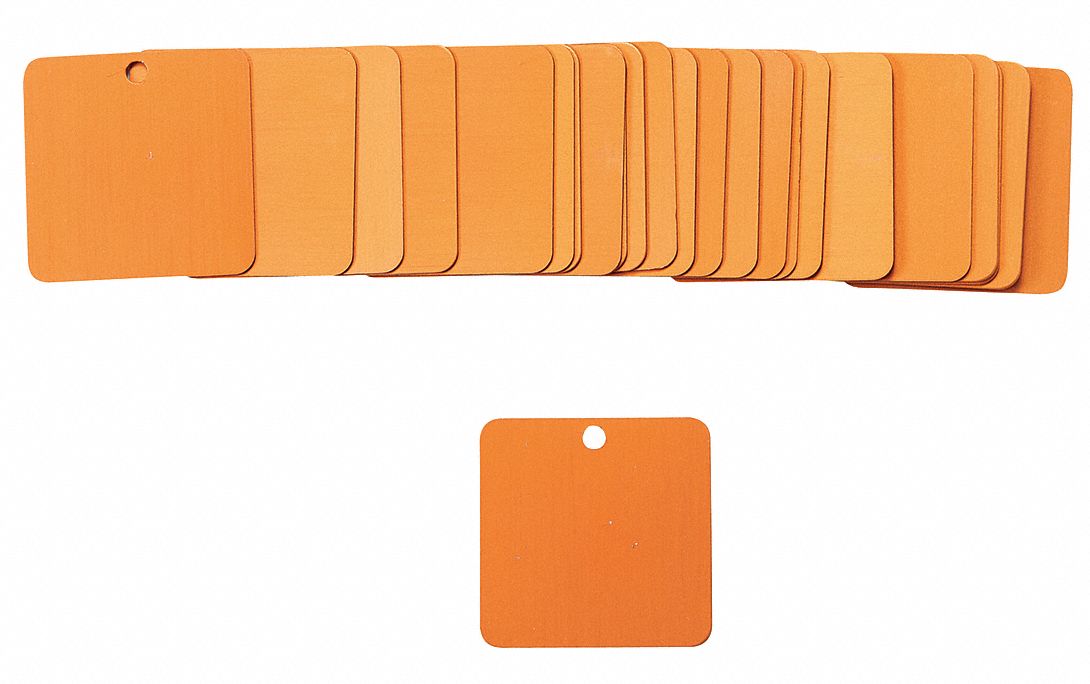 Blank Tags: Aluminum, Orange, Square, 1 1/2 in x 1 1/2 in, 25 PK