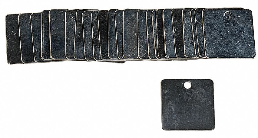 Blank Tags: Stainless Steel, Silver, 0.024 in Thick, Square, 1 1/2 in x 1 1/2 in, 25 PK