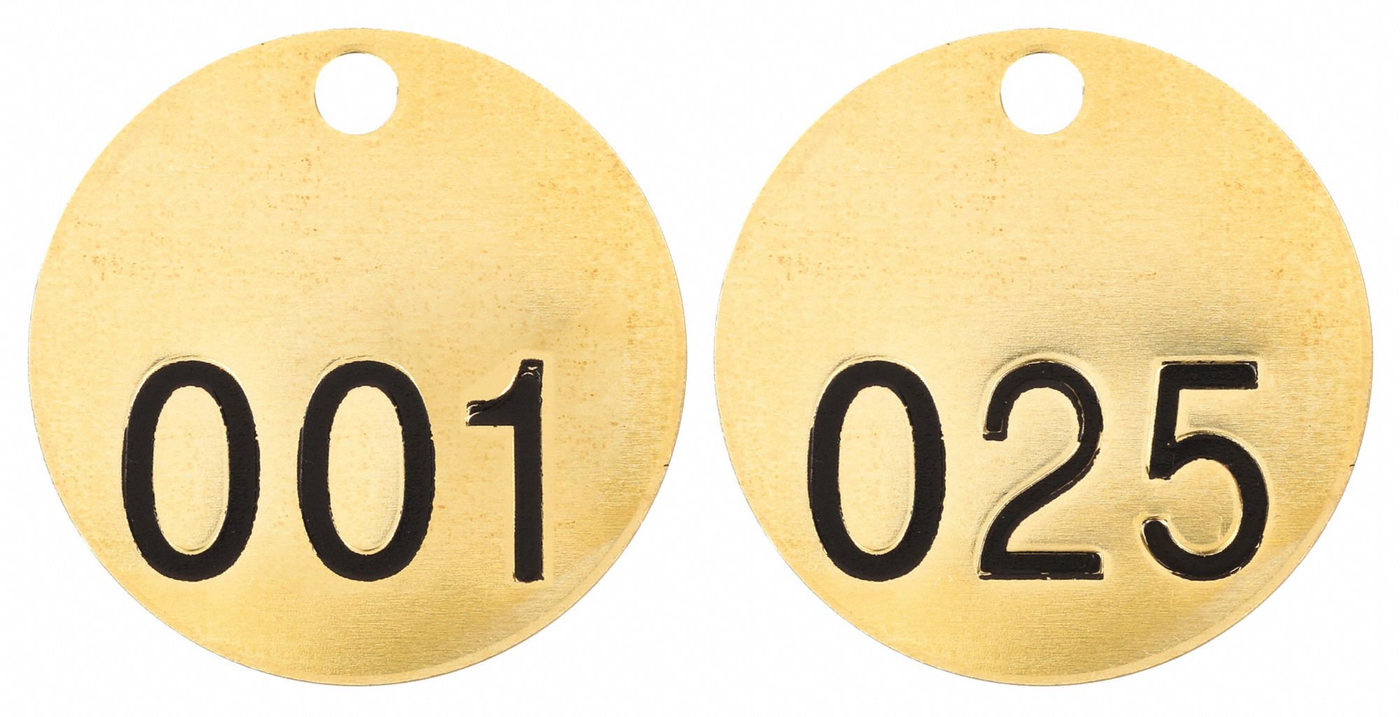 Numbered Tags: Brass, 1 1/2 in Dia, 001-025, Brass, 0.04 in Thick, Round, 25 PK