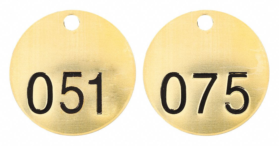 Numbered Tags: Brass, 1 1/2 in Dia, 051-075, Brass, 0.04 in Thick, Round, 25 PK