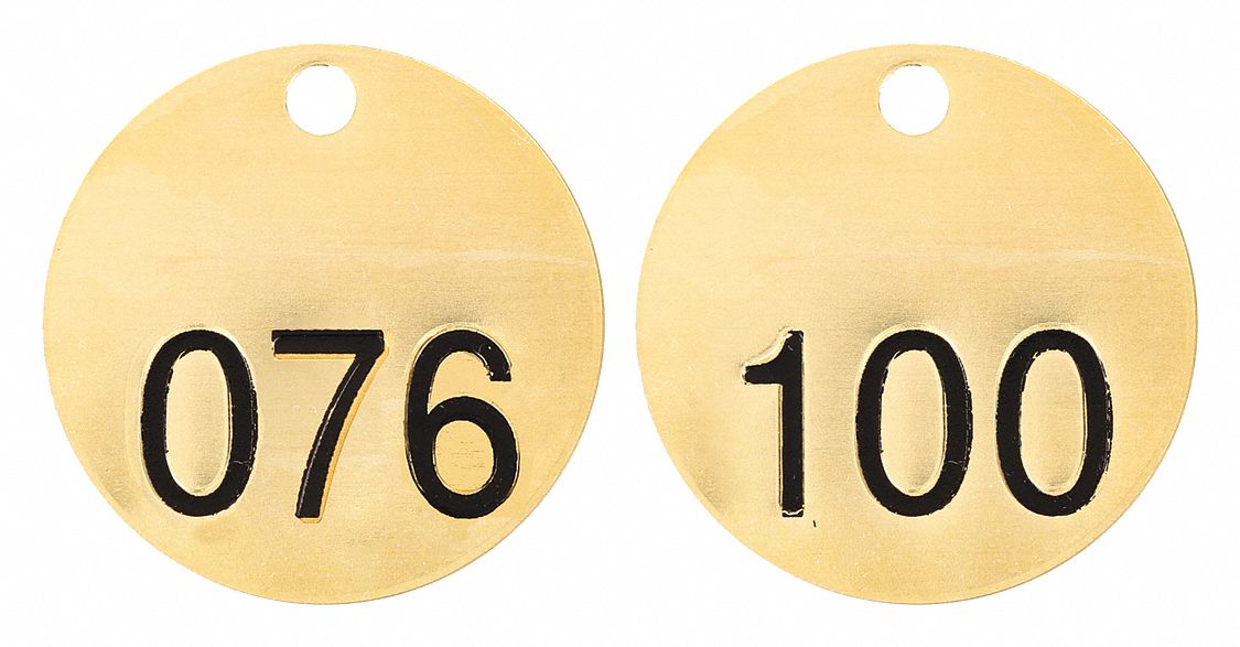 Numbered Tags: Brass, 1 1/2 in Dia, 076-100, Brass, 0.04 in Thick, Round, 25 PK