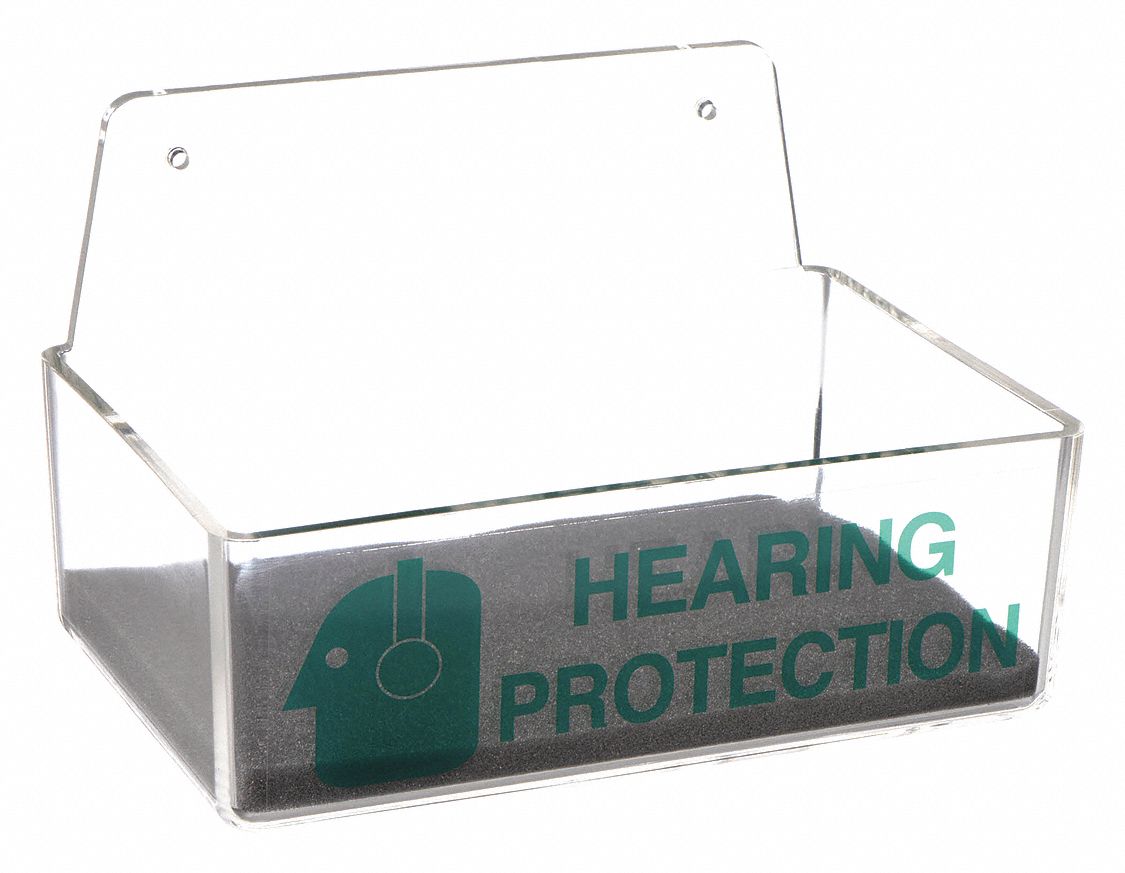 EARPLUG DISPENSER, GREEN/CLEAR, ACRYLIC, WALL/SURFACE MOUNT, OPEN, 9X3X6 IN