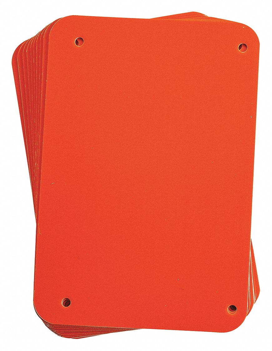 SIGN BLANK, NO LEGEND, NO HEADER, RECTANGLE, 4¼ IN HEIGHT, 6¼ IN WIDTH, PLASTIC, MOUNTING HOLES, RED/ORANGE